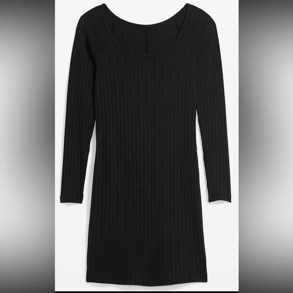 NWT Old Navy Black Fit Flare Rib Knit Long Sleeve Mini Dress Womens Sz Medium - Picture 1 of 8